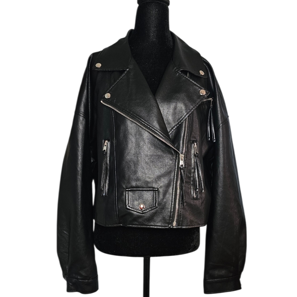 SHEIN Black Faux Leather Cropped Biker Jacket - Size L